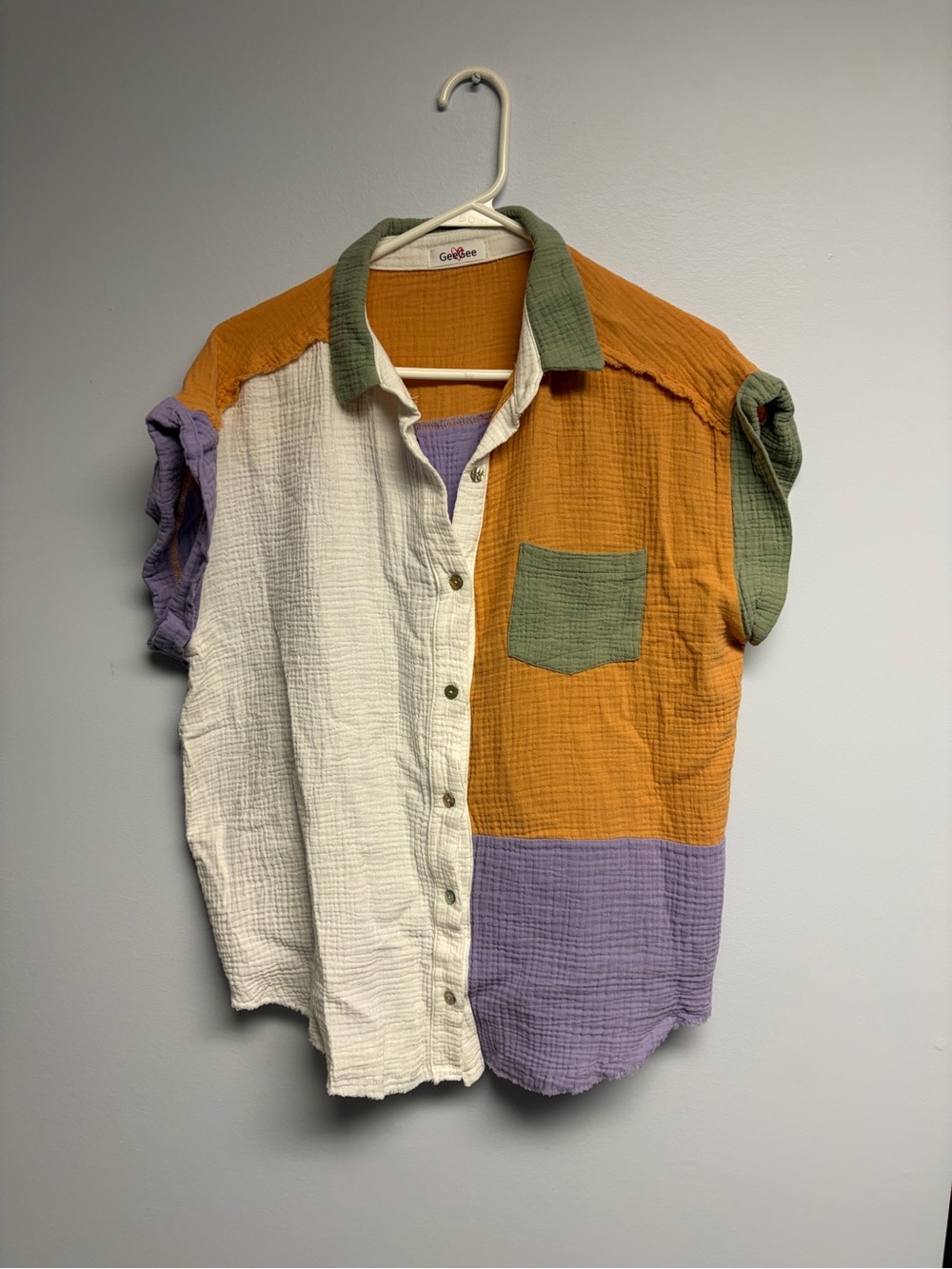 Colorblock Short-Sleeve Shirt - white, orange, Lavender & Olive
